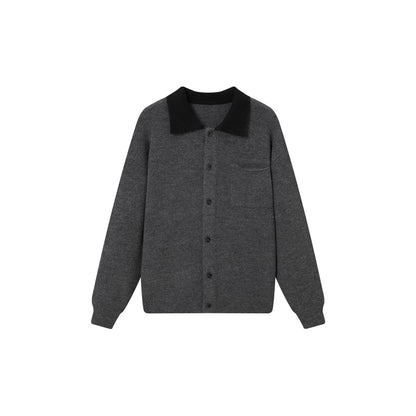 Soft Knit Cardigan with Color-blocked Stand-up Collar Cozy Oversized Sweater