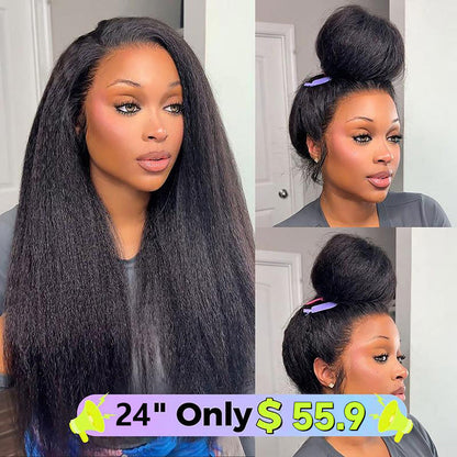 Sale Happening Now:83% OFF🔥Pre-Cut Lace Kinky Straight 360 Full Lace Frontal Glueless Wig With Invisi Drawstring Pre Plucked Human Hair Wig