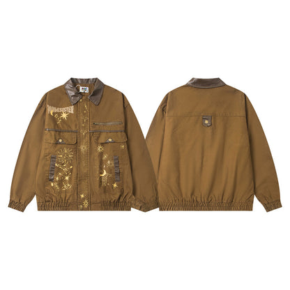 Retro Starry Sky Print Patchwork Work Jacket for Men and Women, Loose Casual Notch Lapel Outerwear