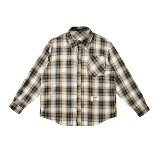 Color-block Plaid Patch Pocket Embroidered Logo Loose Long Sleeve Shirt