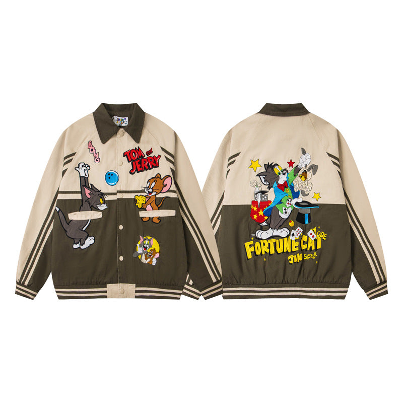 Style Trendy Cartoon Embroidered Patchwork Jacket, Unisex College Style Loose BF Couple Outwear
