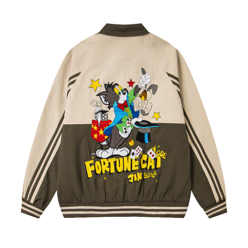 Style Trendy Cartoon Embroidered Patchwork Jacket, Unisex College Style Loose BF Couple Outwear