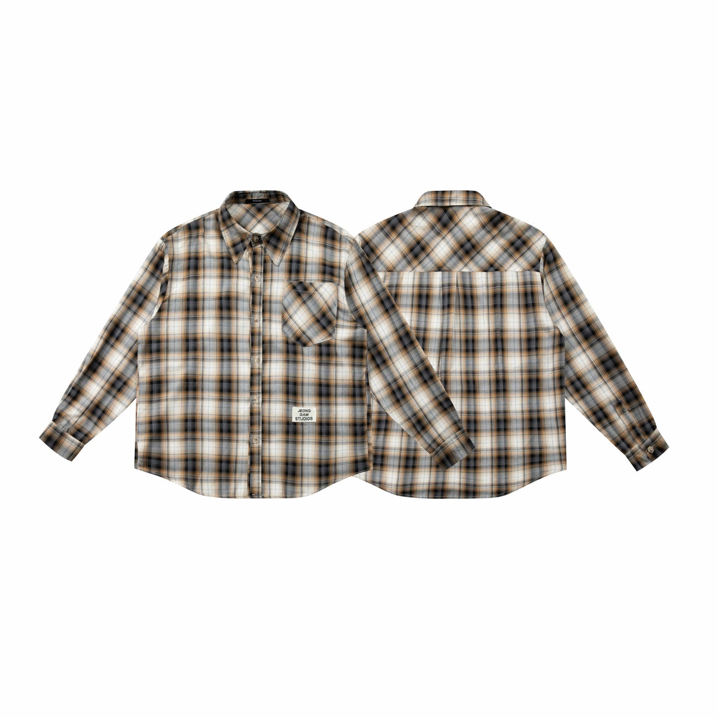 Color-block Plaid Patch Pocket Embroidered Logo Loose Long Sleeve Shirt