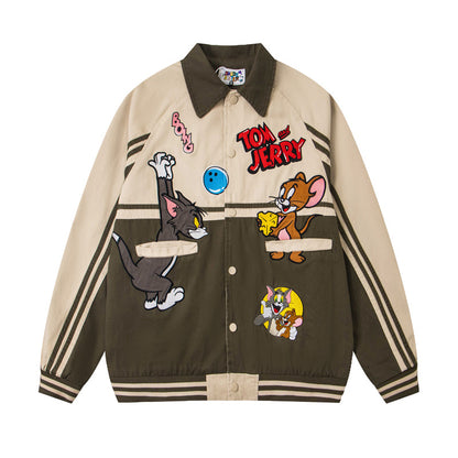 Style Trendy Cartoon Embroidered Patchwork Jacket, Unisex College Style Loose BF Couple Outwear