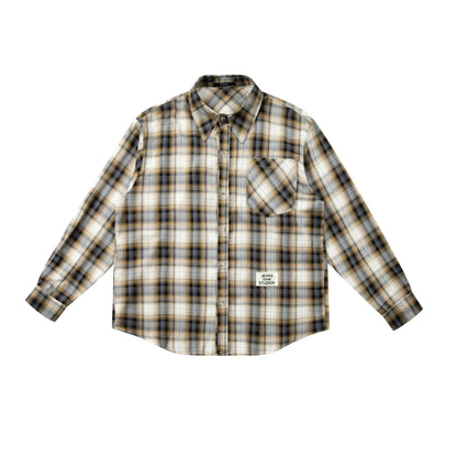 Color-block Plaid Patch Pocket Embroidered Logo Loose Long Sleeve Shirt