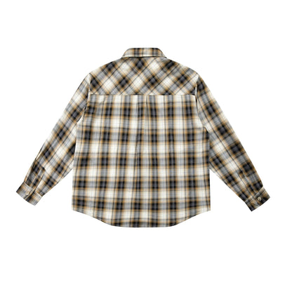 Color-block Plaid Patch Pocket Embroidered Logo Loose Long Sleeve Shirt